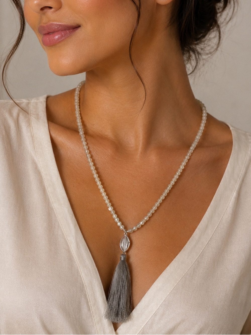 a new day Pearl Bead Necklace with Gray Tassel
